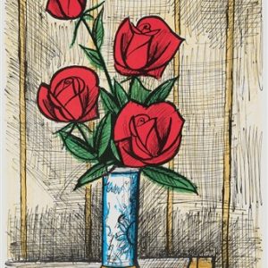 Quatre roses dans un vase de Delft by Bernard Buff...