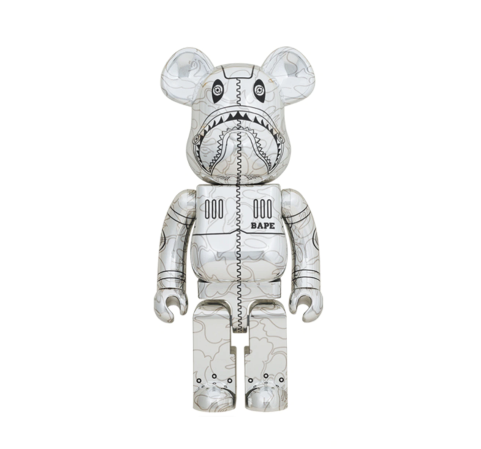 BAPE x Hajime Sorayama Camo Shark 1000% Silver by BearBrick 
